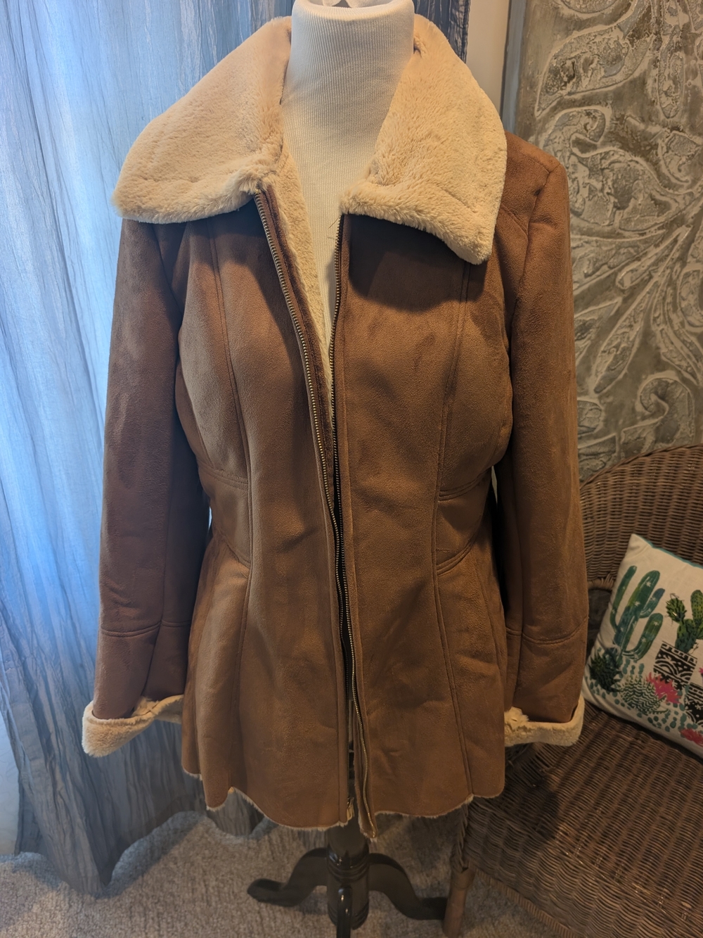 Jones New York Faux Shearling Coat Brown Cream Size L